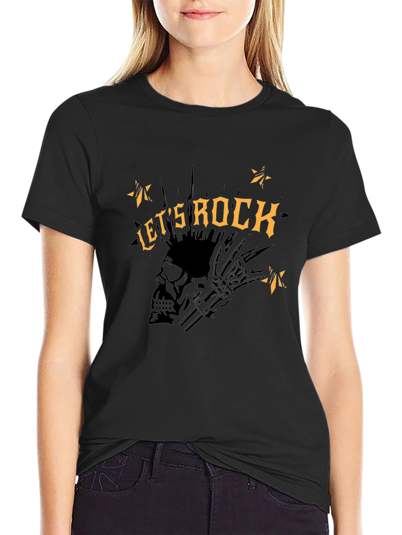 Lets Rock Graphic Tee - Punk Skull Design