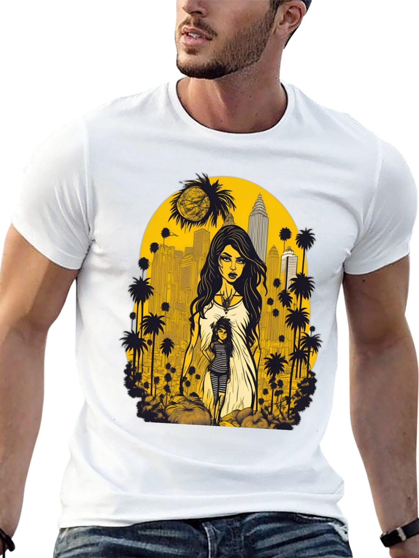 Modern Graphic Tee - Cityscape with Woman Design