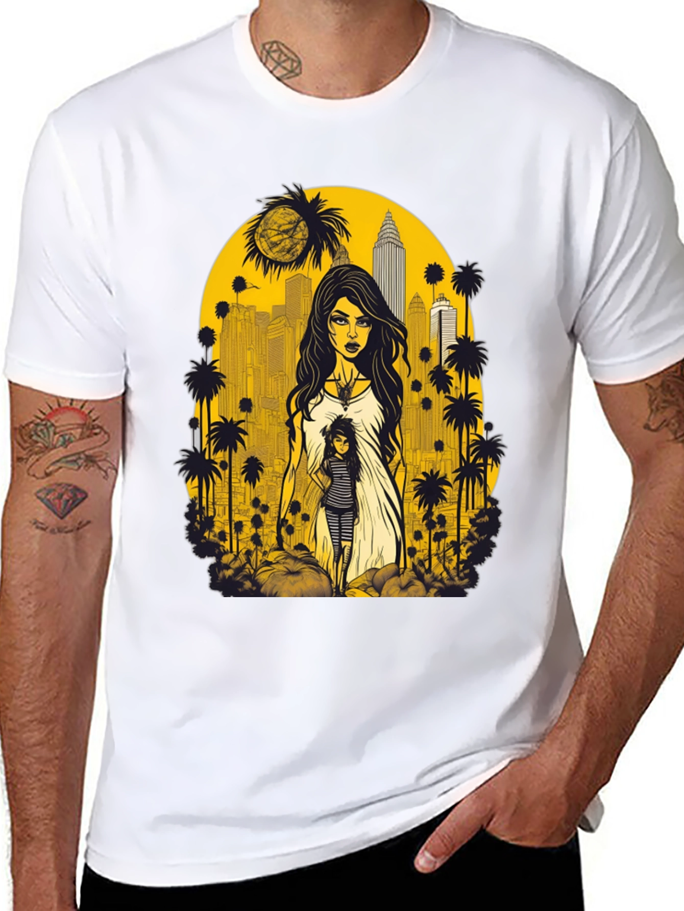 Modern Graphic Tee - Cityscape with Woman Design