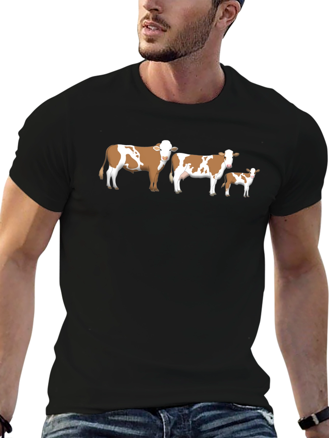 Cow Family Graphic Tee - Black Crew Neck Shirt