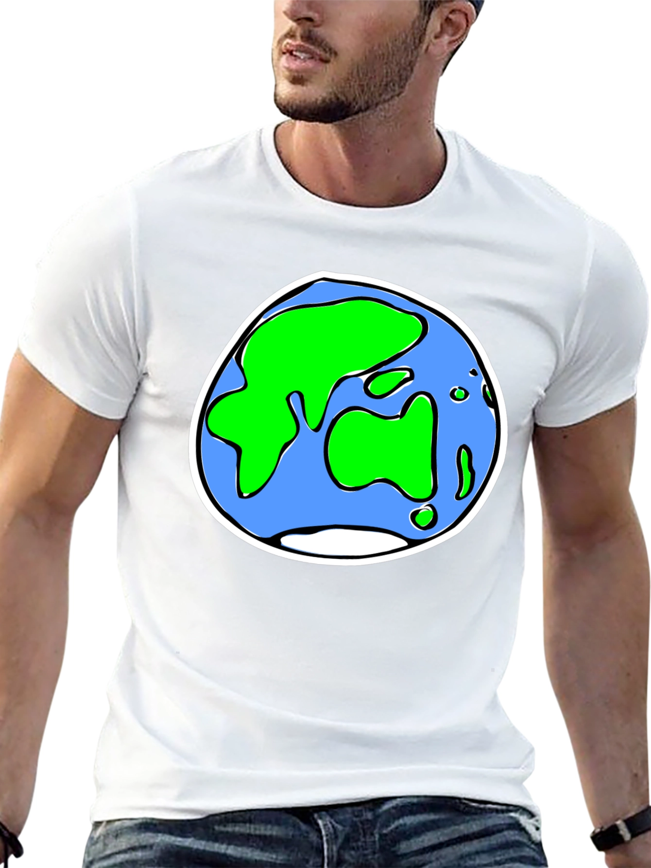 Cartoon Earth Graphic Tee - Black Crew Neck T-Shirt