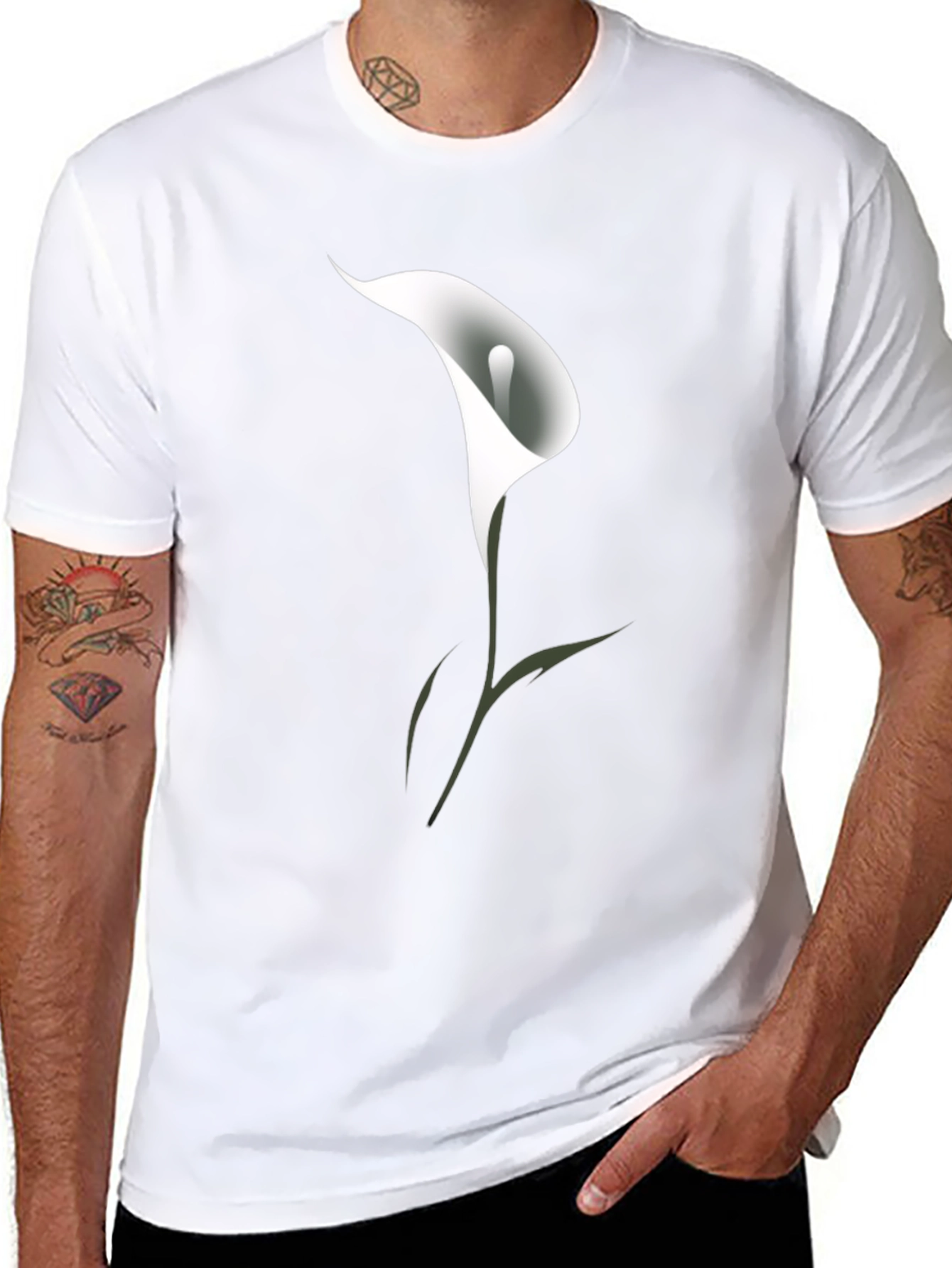 Mens Black T-Shirt with White Calla Lily Flower Design