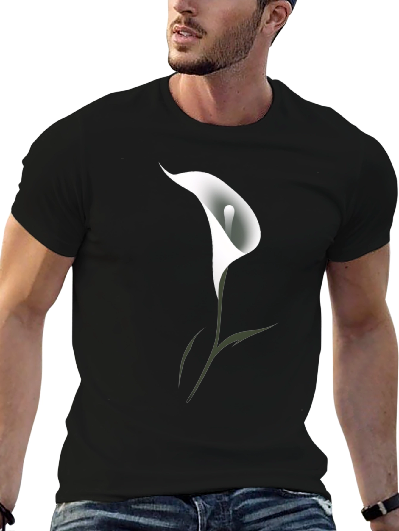 Mens Black T-Shirt with White Calla Lily Flower Design