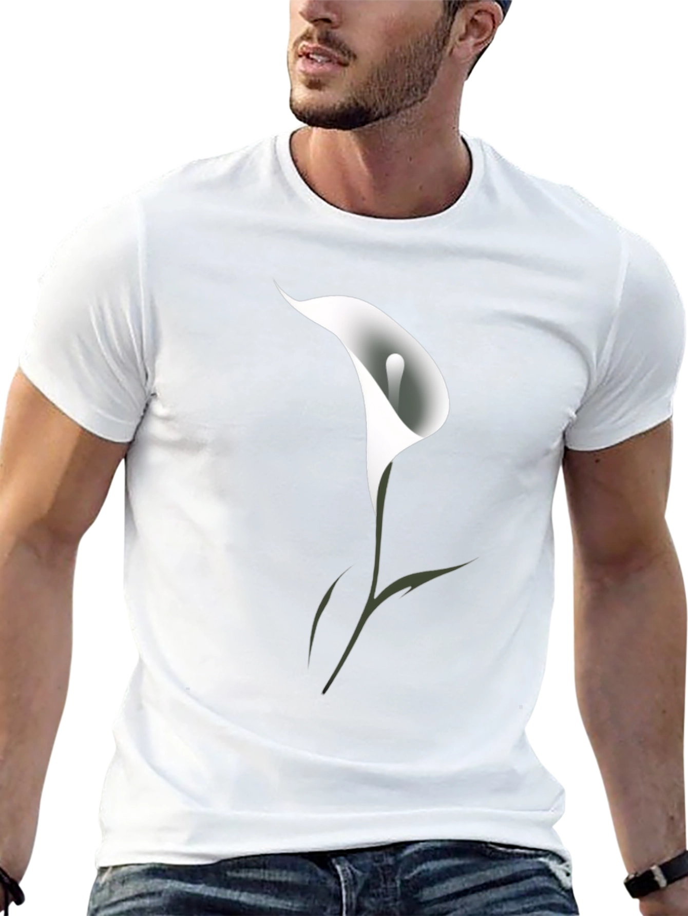 Mens Black T-Shirt with White Calla Lily Flower Design