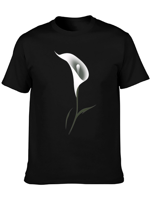 Mens Black T-Shirt with White Calla Lily Flower Design