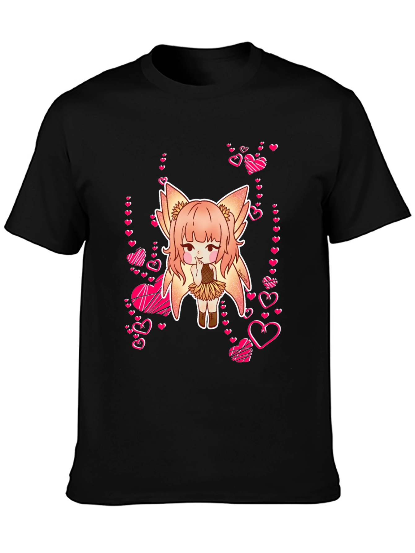 Anime Girl with Hearts Black T-Shirt