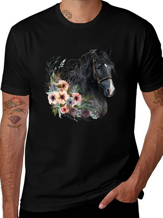Floral Horse Graphic Tee - Unique Black T-Shirt