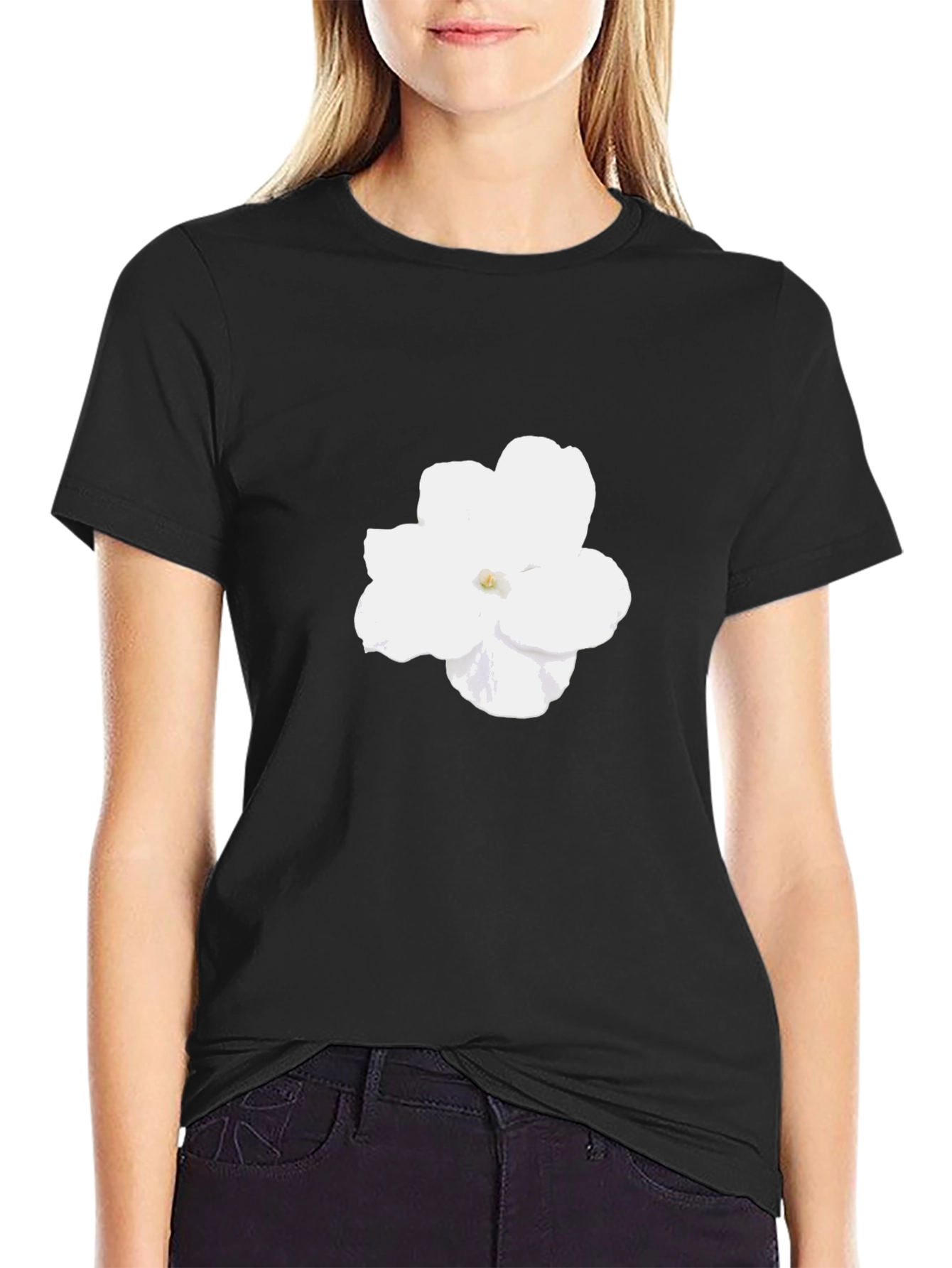Black T-Shirt with White Flower Design