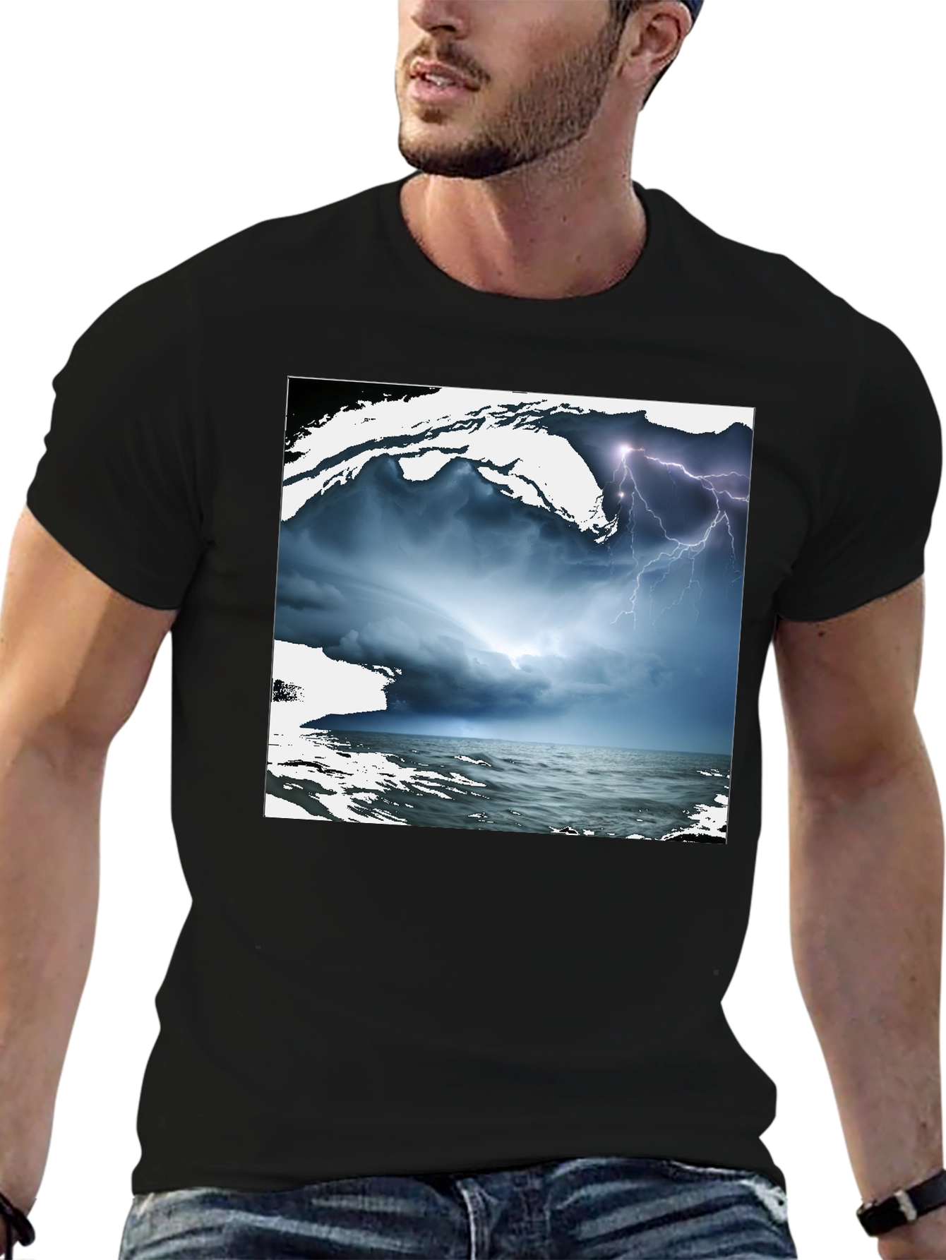Stormy Sea Graphic Tee - Black Cotton T-Shirt