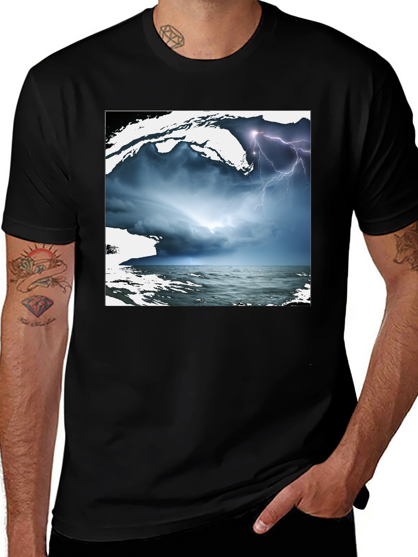 Stormy Sea Graphic Tee - Black Cotton T-Shirt