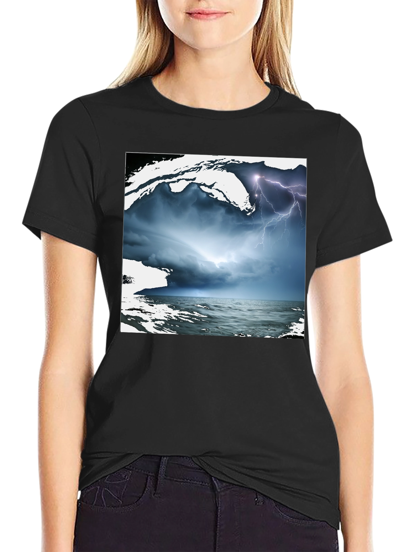 Stormy Sea Graphic Tee - Black Cotton T-Shirt