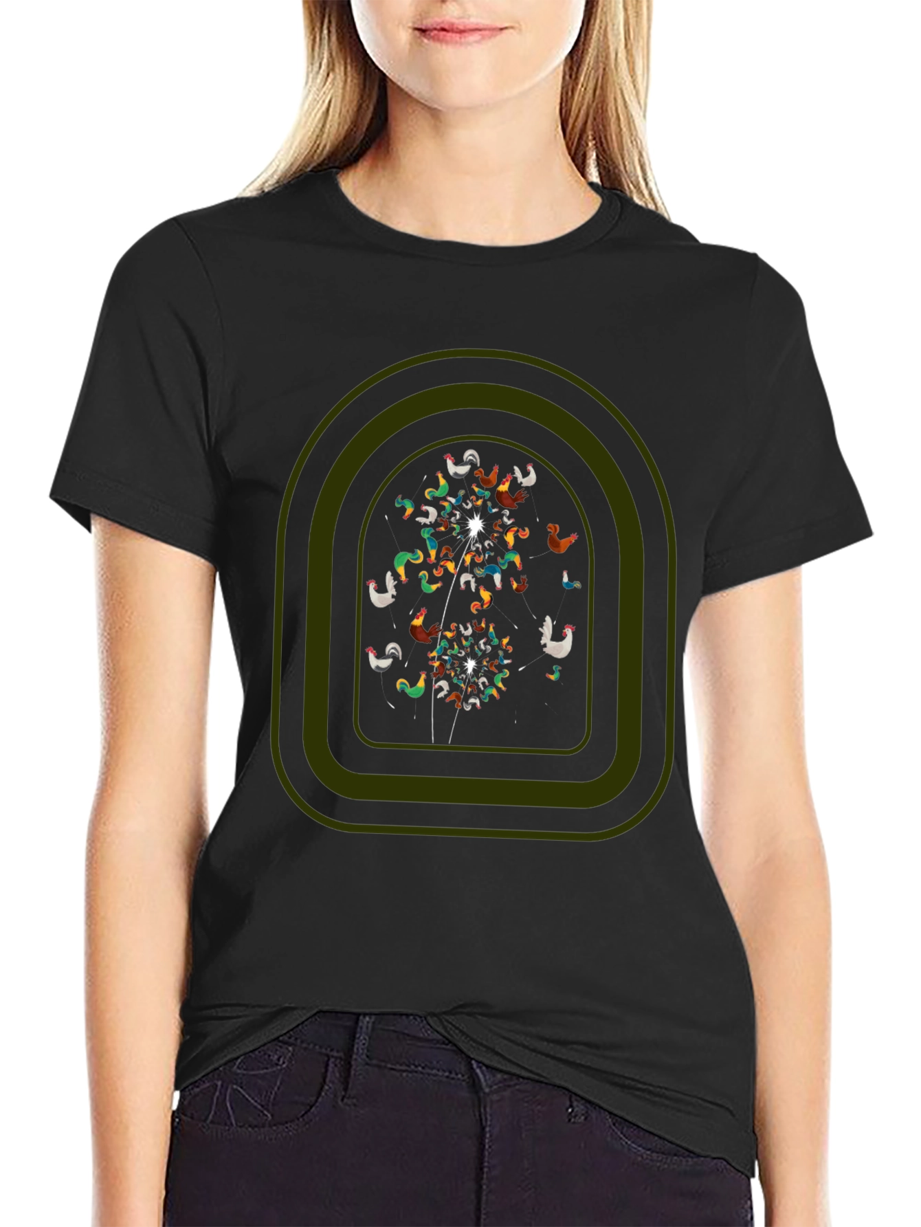 Whimsical Chicken Dandelion Graphic Tee - Black