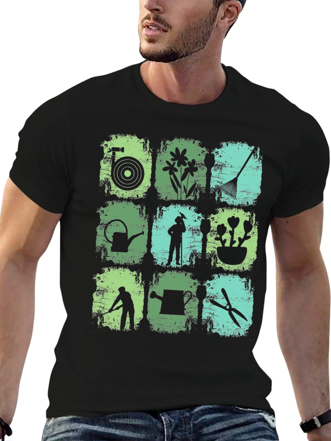 Gardening Tools & Gardener Silhouette Graphic T-Shirt