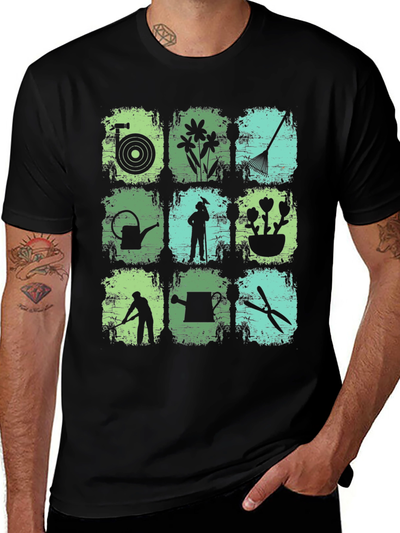 Gardening Tools & Gardener Silhouette Graphic T-Shirt