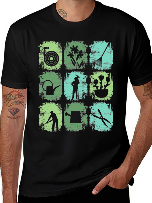 Gardening Tools & Gardener Silhouette Graphic T-Shirt