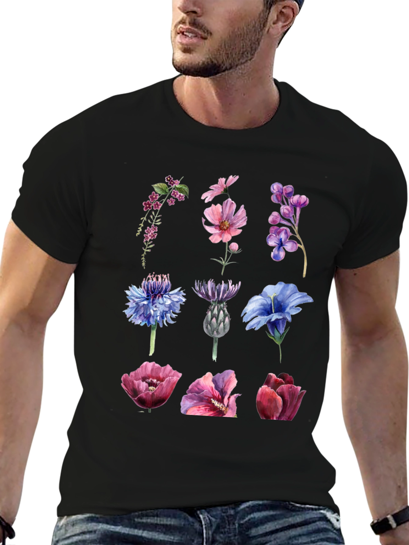 Floral Print Black Tee Shirt