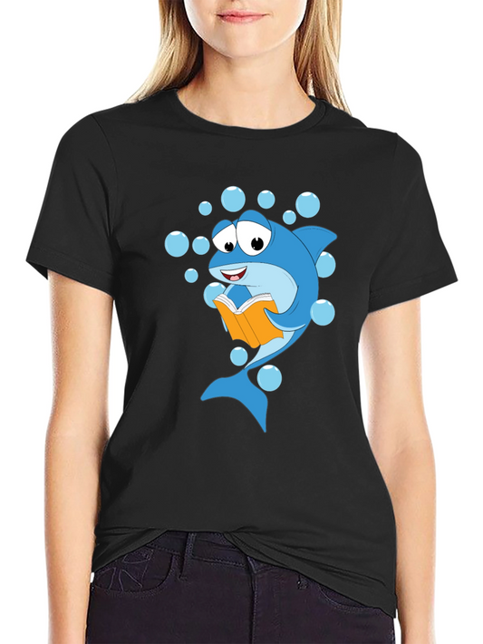 Reading Shark Graphic Tee - Black Cotton T-Shirt