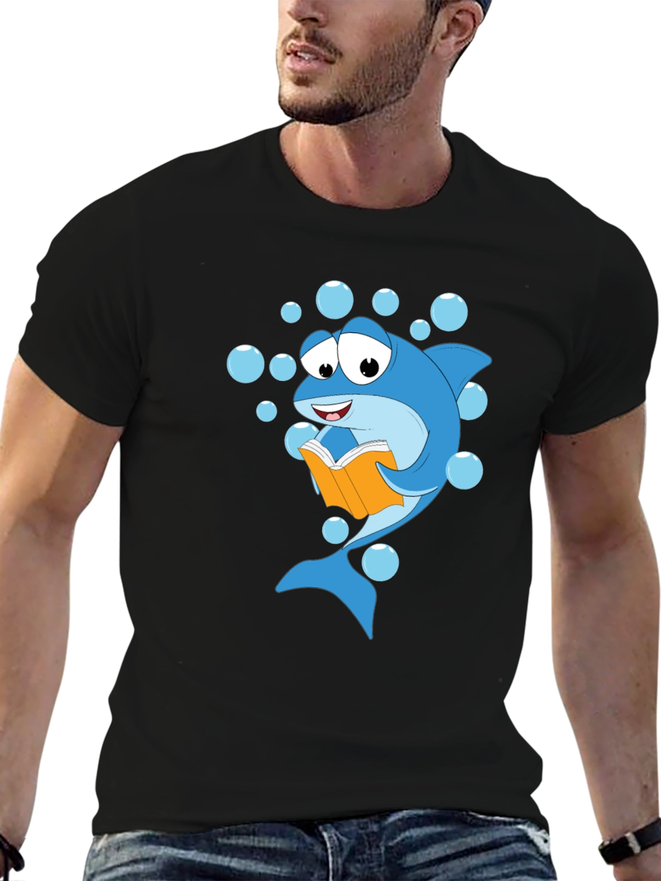 Reading Shark Graphic Tee - Black Cotton T-Shirt
