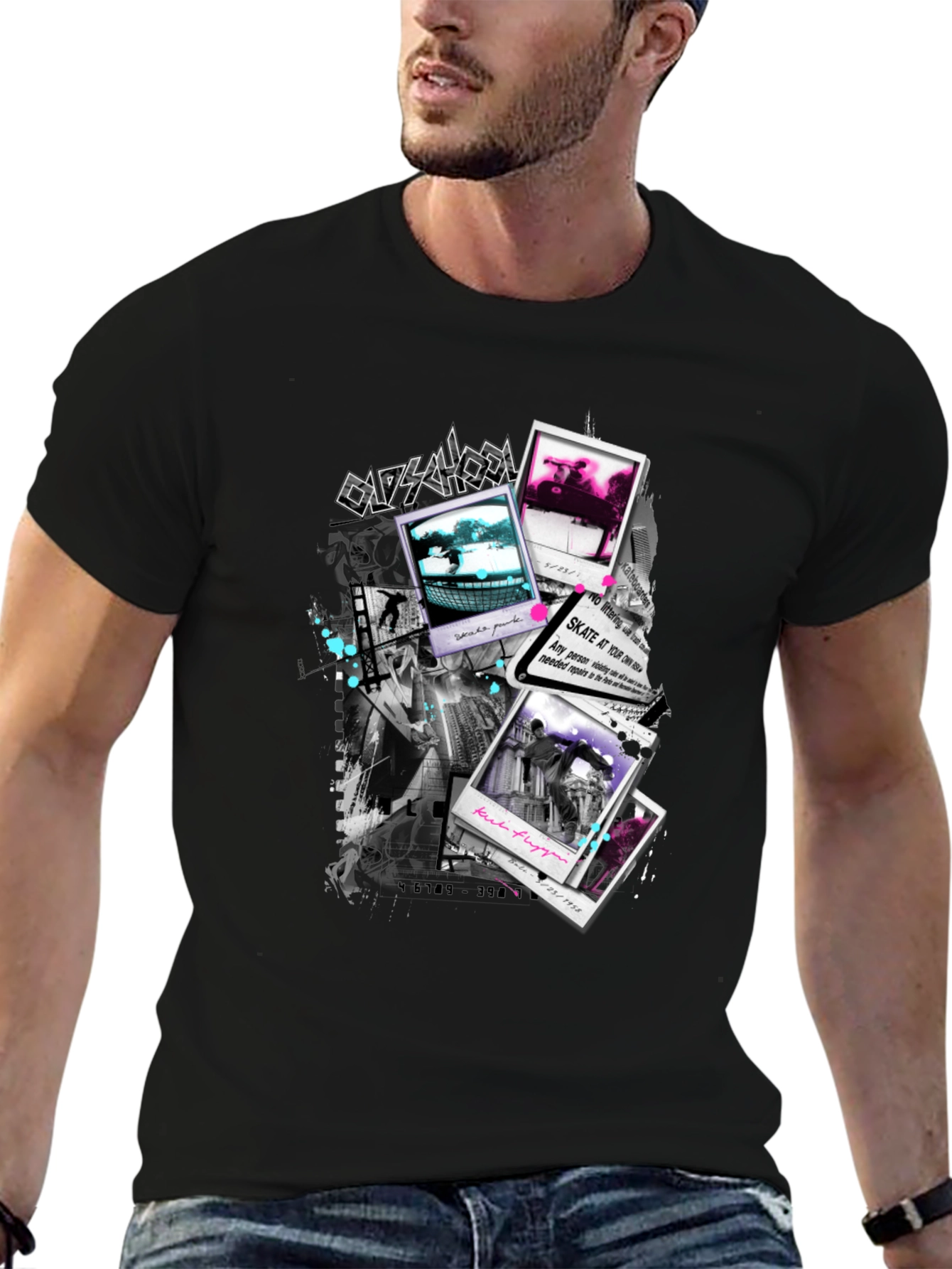 Skate Photos Graphic Print Black T-Shirt