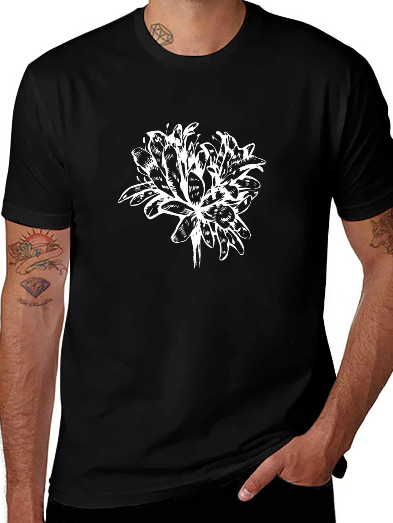 Mens Black T-Shirt with White Flower Design