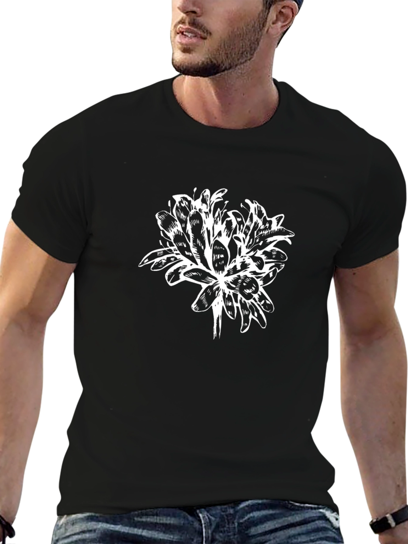 Mens Black T-Shirt with White Flower Design
