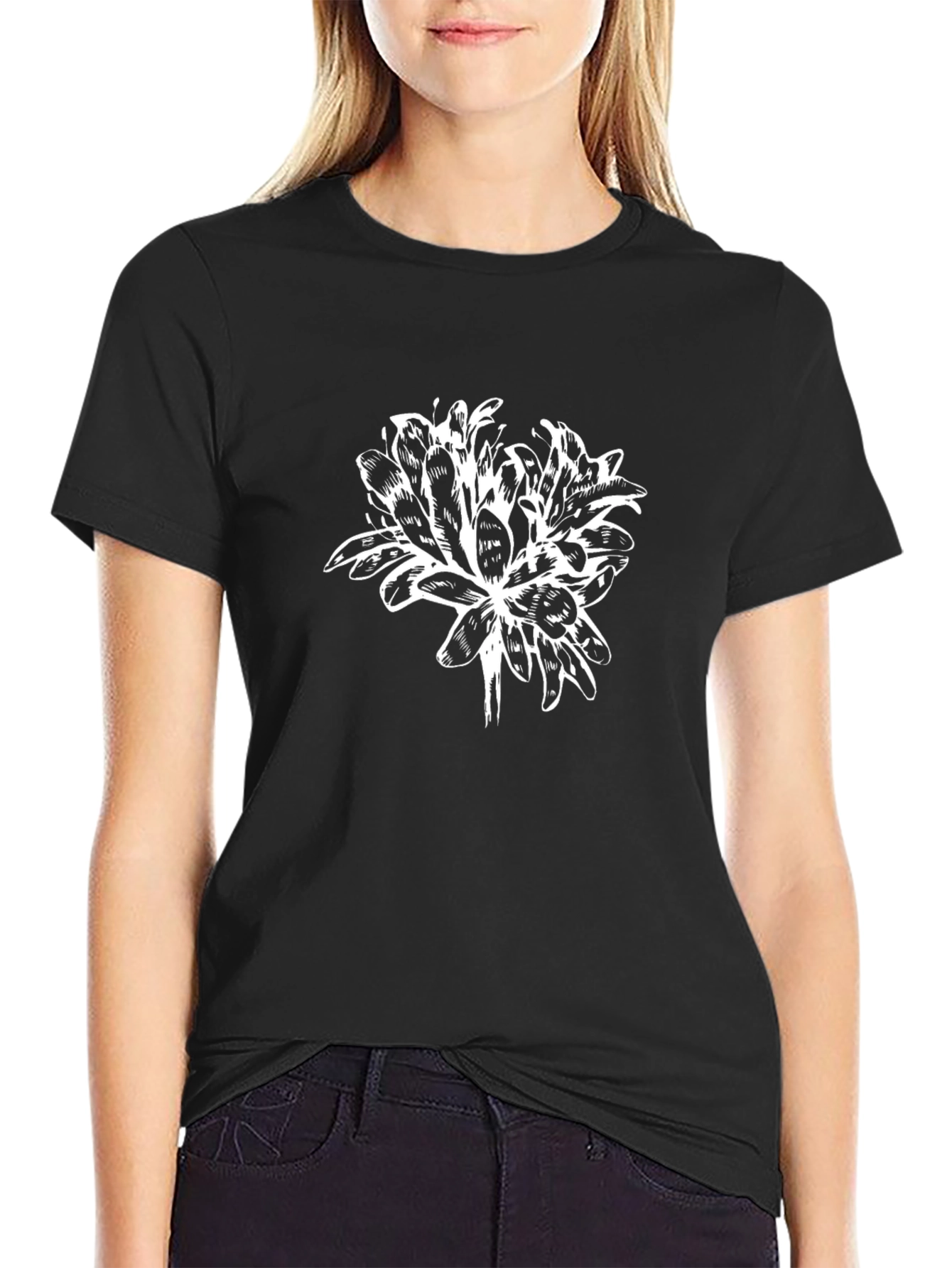 Mens Black T-Shirt with White Flower Design