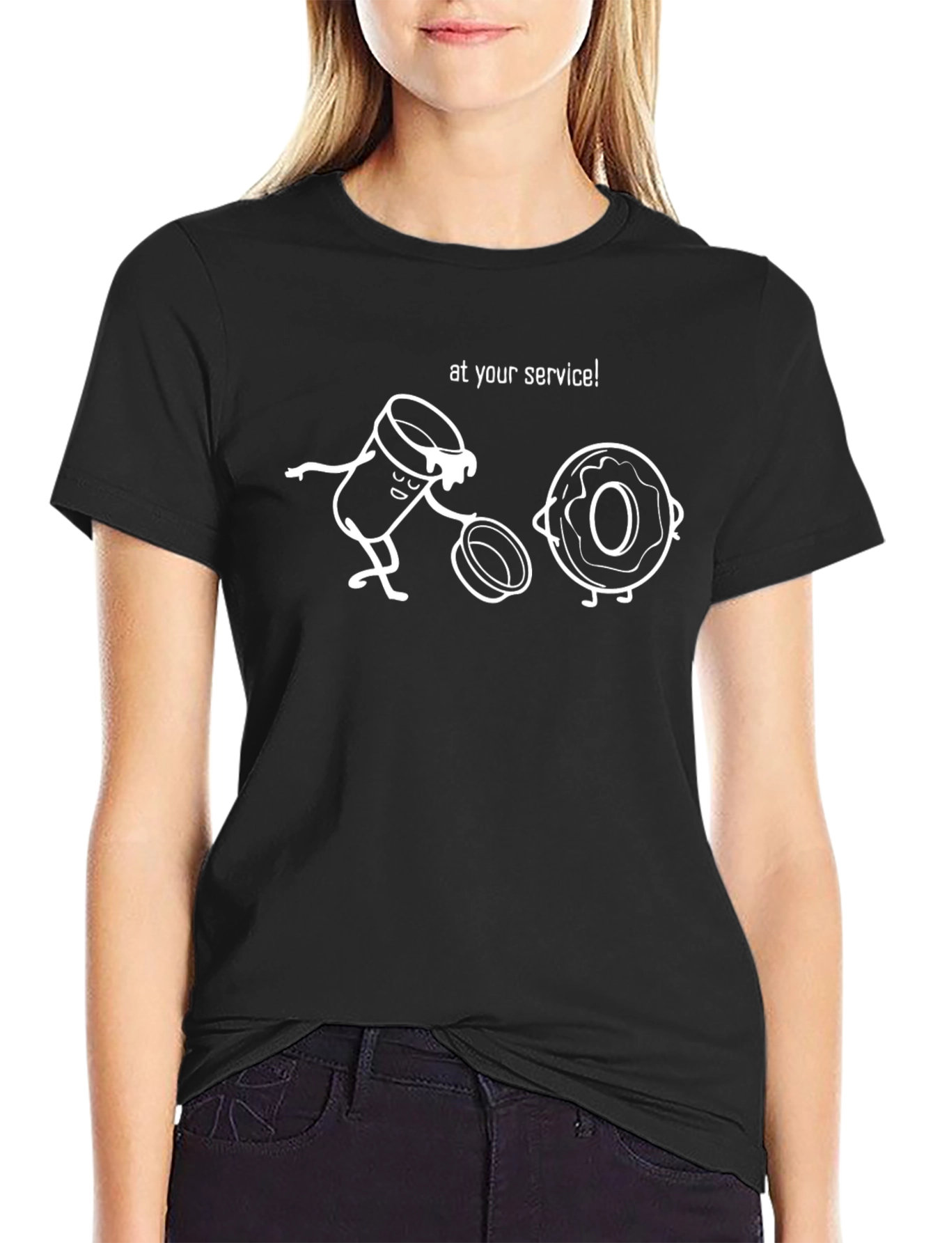 Coffee and Donut Cartoon T-Shirt - At Your Service!