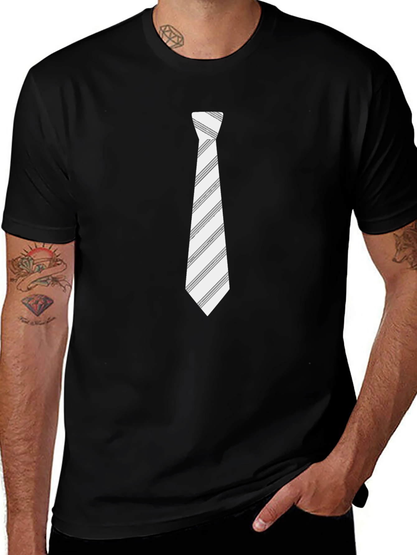 Black T-Shirt with Striped Tie Print