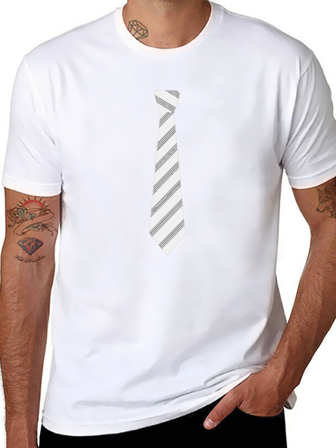 Black T-Shirt with Striped Tie Print