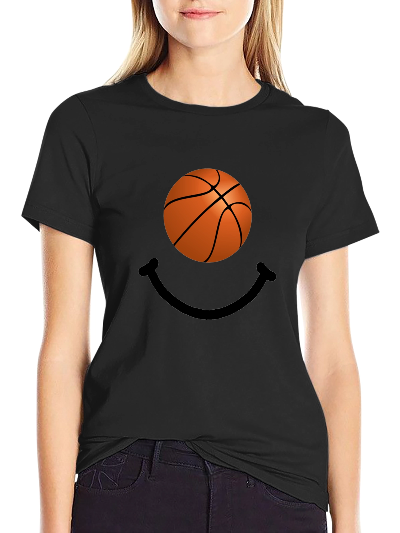 Basketball Smiley Face Black T-Shirt