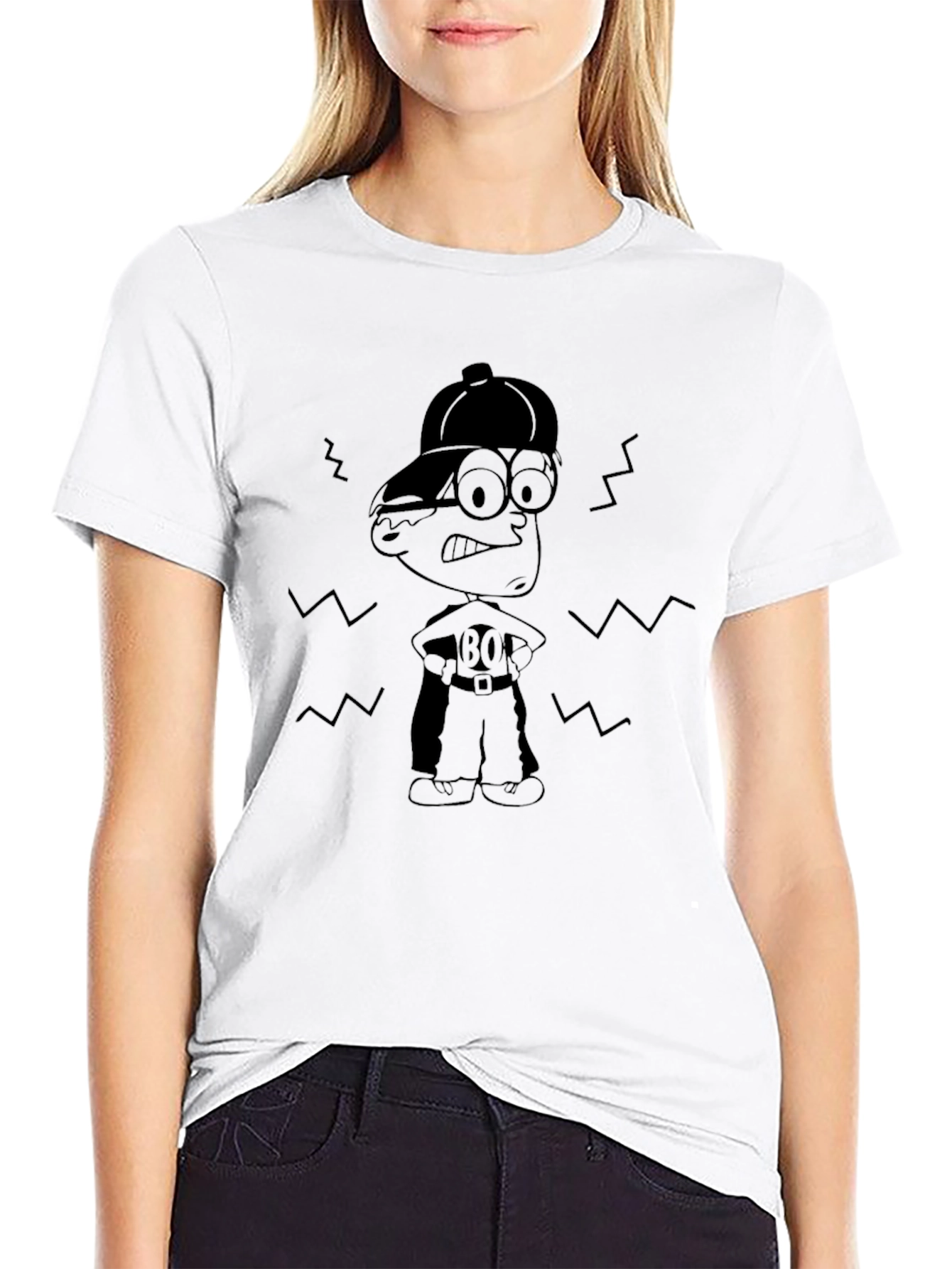 Cartoon Character Graphic Tee - Black Cotton