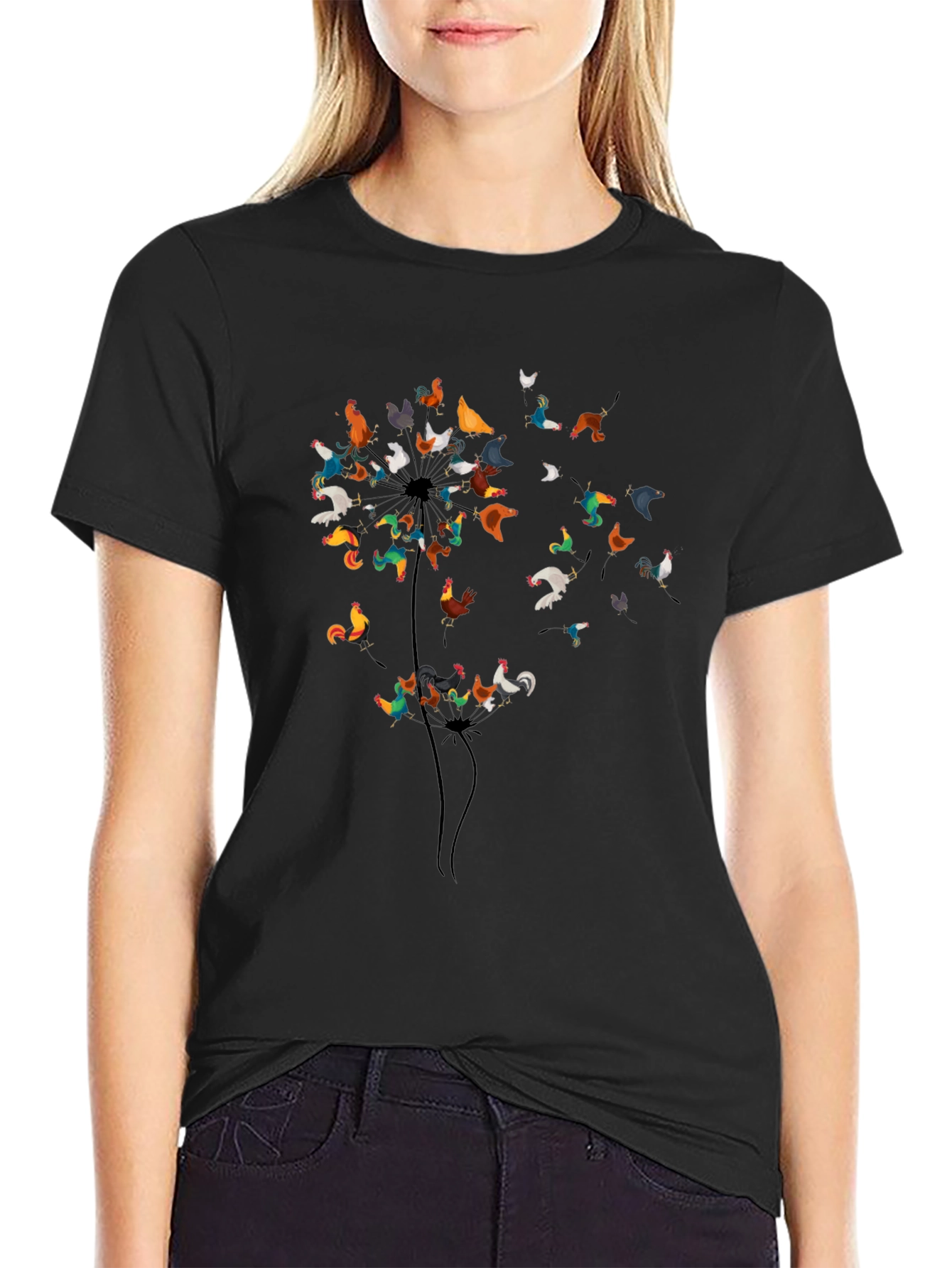 Dandelion Chicken Graphic Tee - Black Cotton Shirt