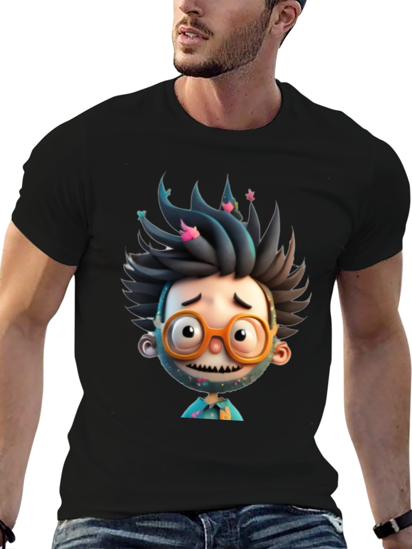Cartoon Character Graphic Tee - Black