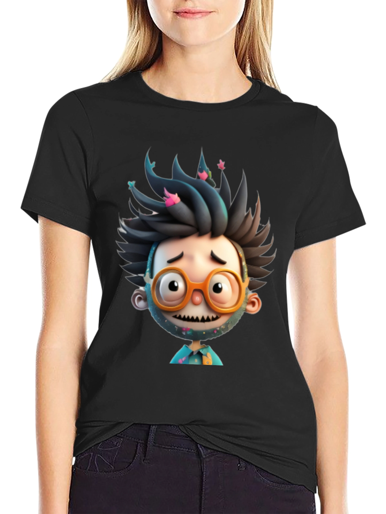 Cartoon Character Graphic Tee - Black