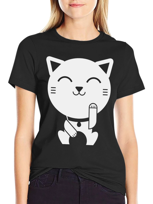 Lucky Cat Graphic Tee - Black Cotton T-Shirt