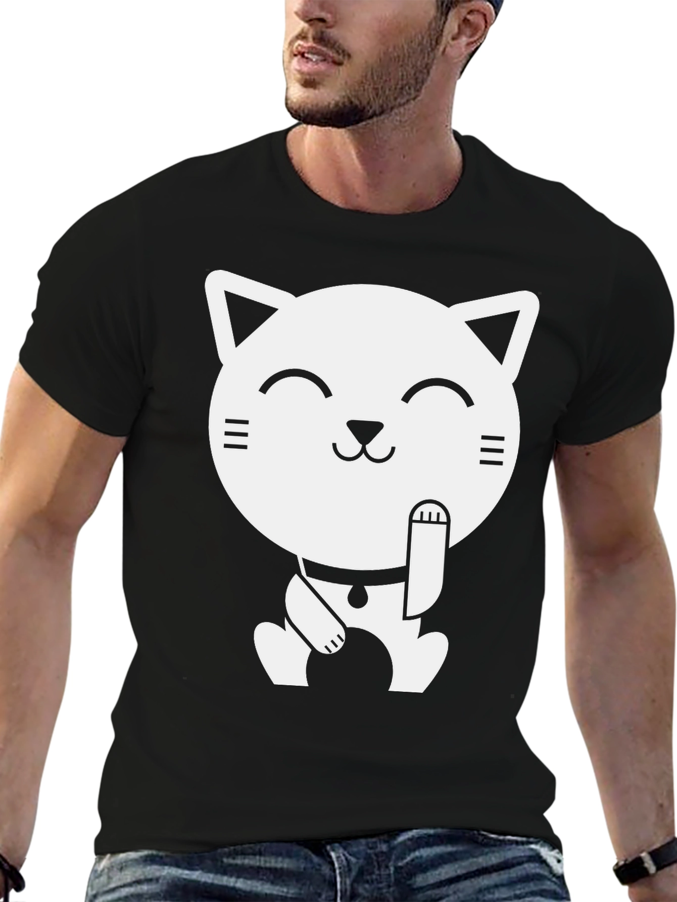 Lucky Cat Graphic Tee - Black Cotton T-Shirt
