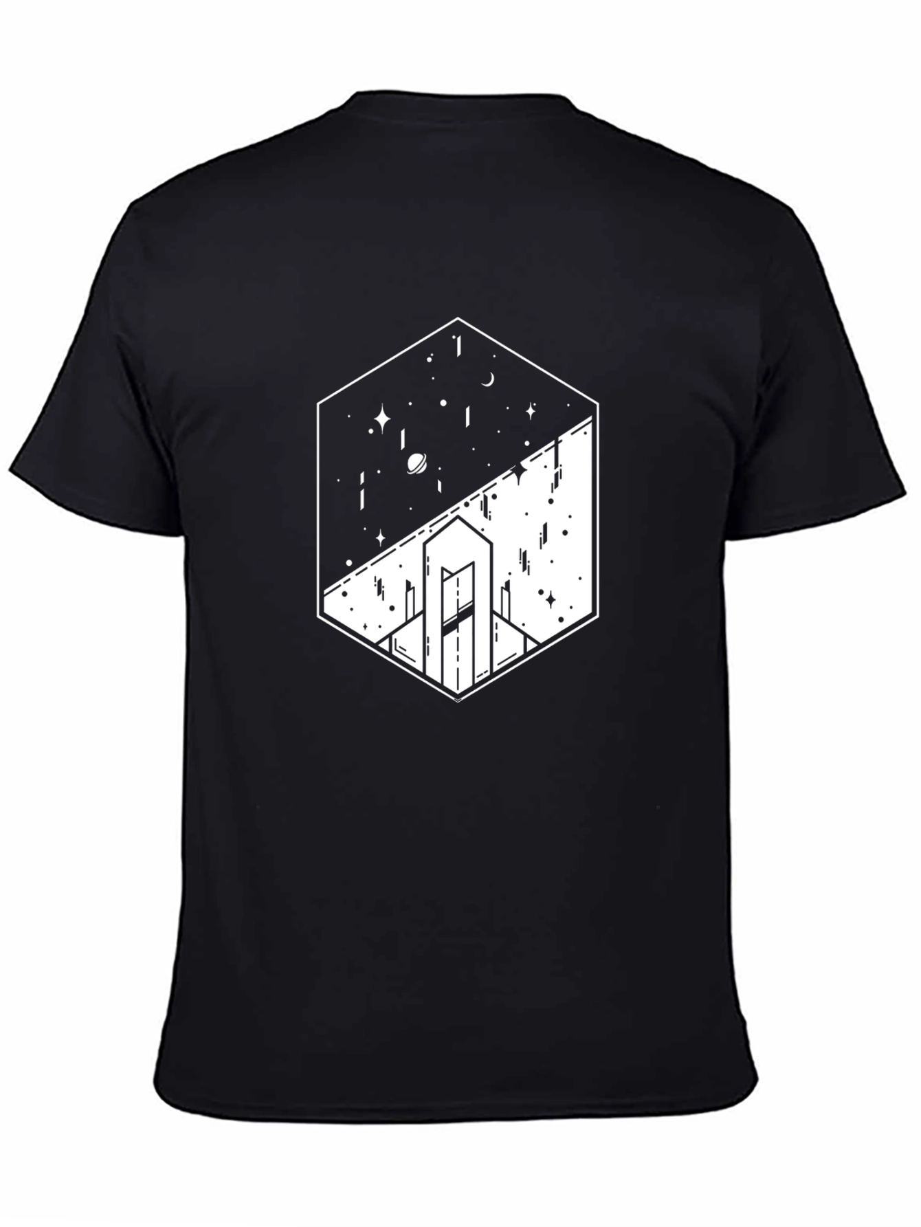 Geometric Space & Cityscape Black Graphic Tee