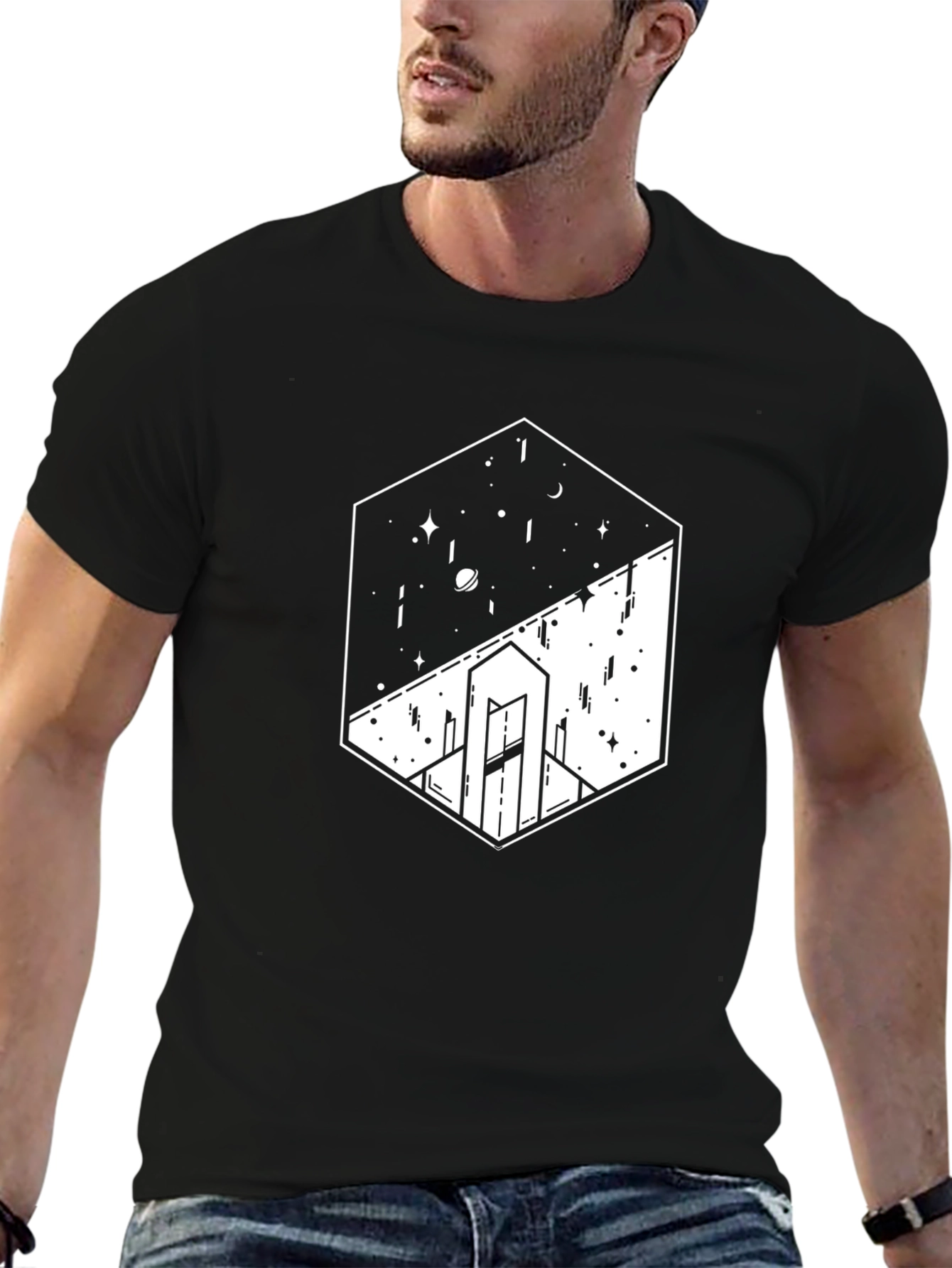 Geometric Space & Cityscape Black Graphic Tee