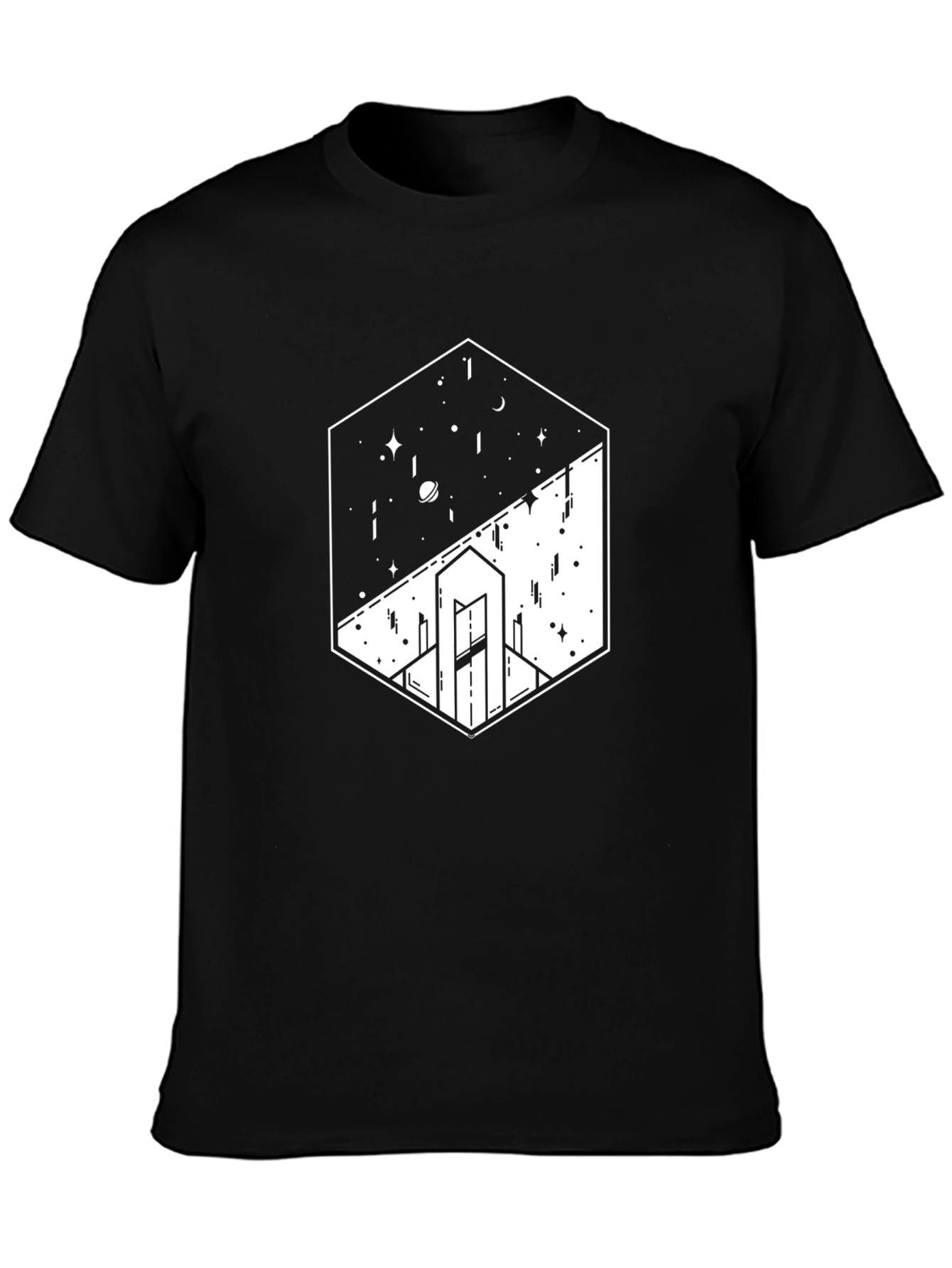 Geometric Space & Cityscape Black Graphic Tee