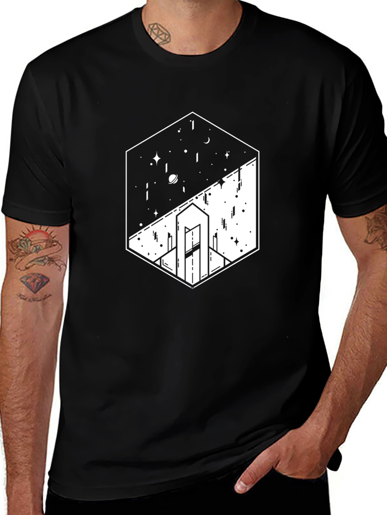 Geometric Space & Cityscape Black Graphic Tee