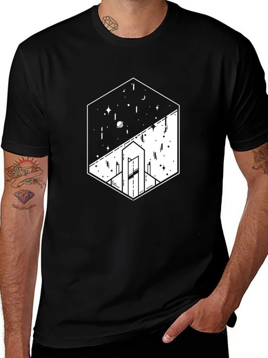 Geometric Space & Cityscape Black Graphic Tee