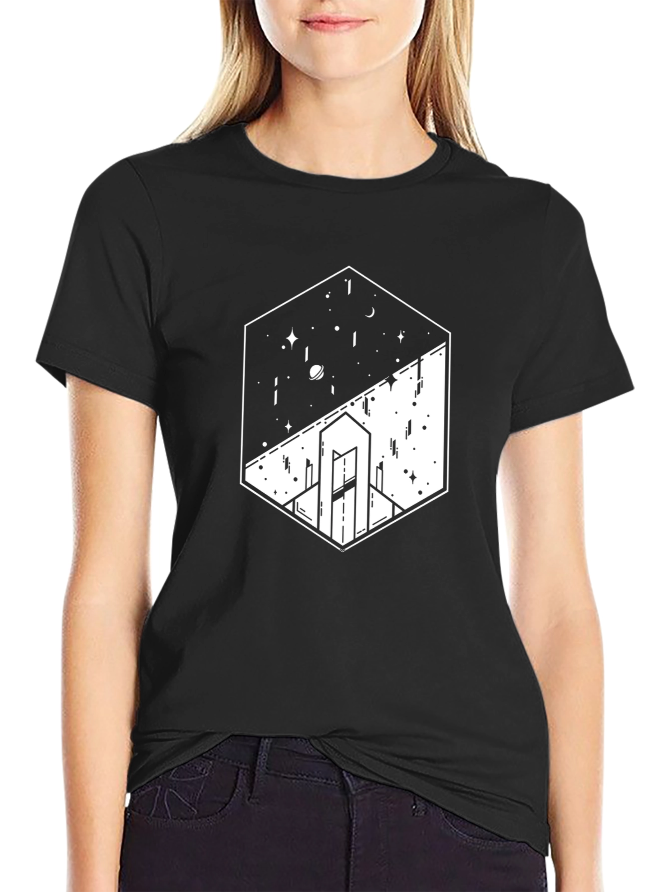 Geometric Space & Cityscape Black Graphic Tee
