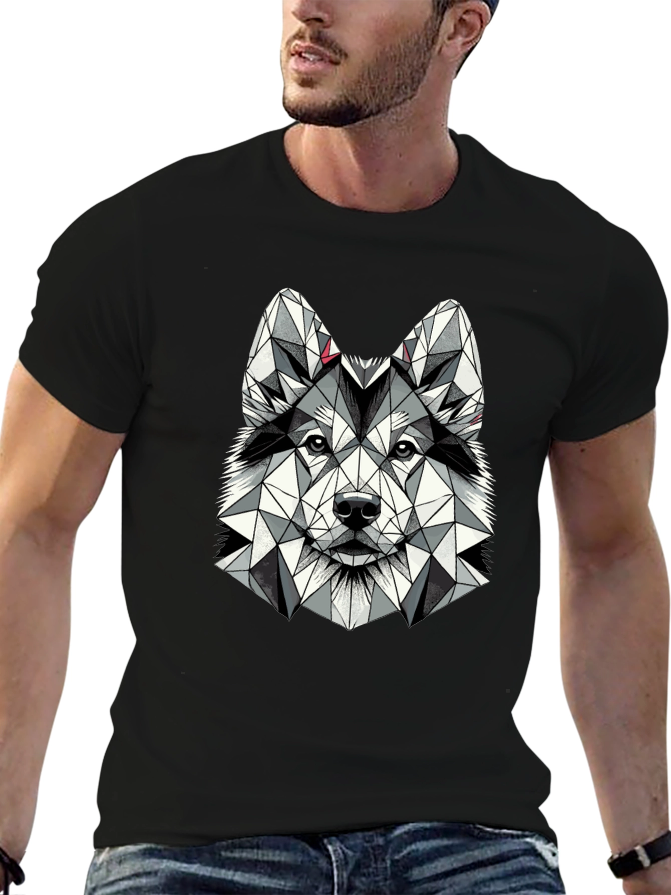Geometric Husky Graphic Tee - Black Short Sleeve