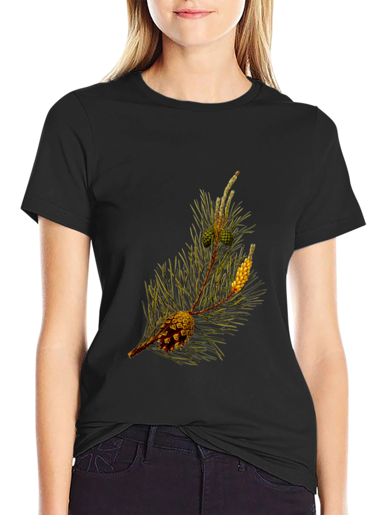 Pine Cone Print Black T-Shirt