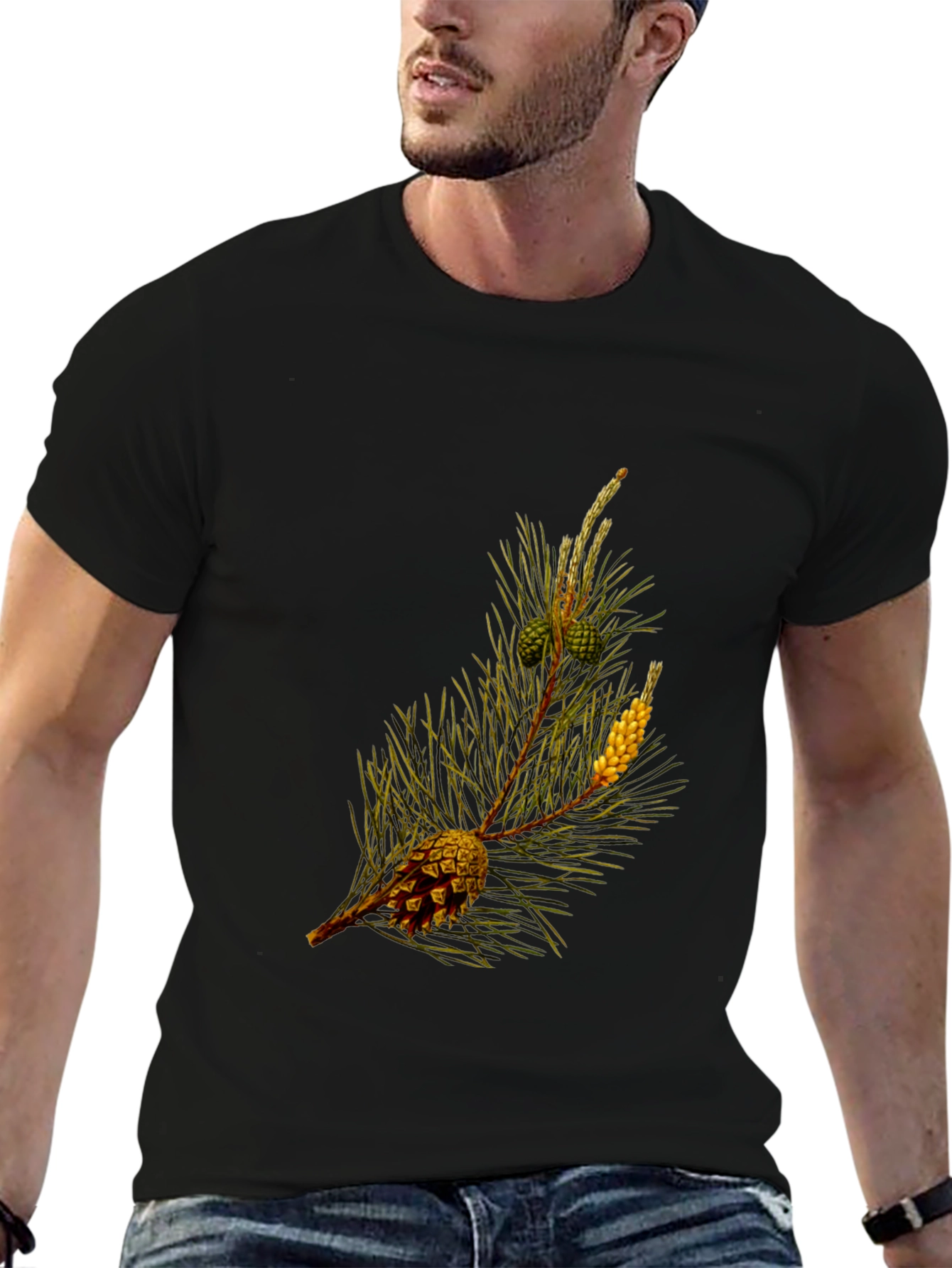 Pine Cone Print Black T-Shirt