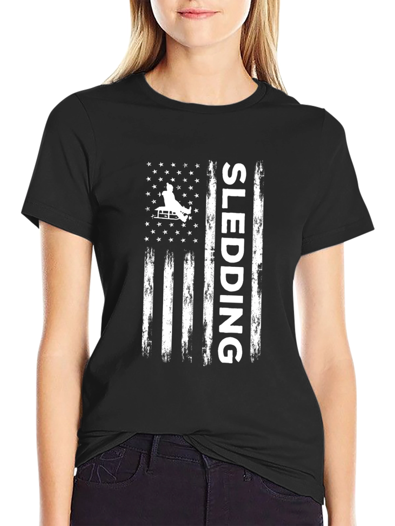 Sledding American Flag Graphic Tee - Black