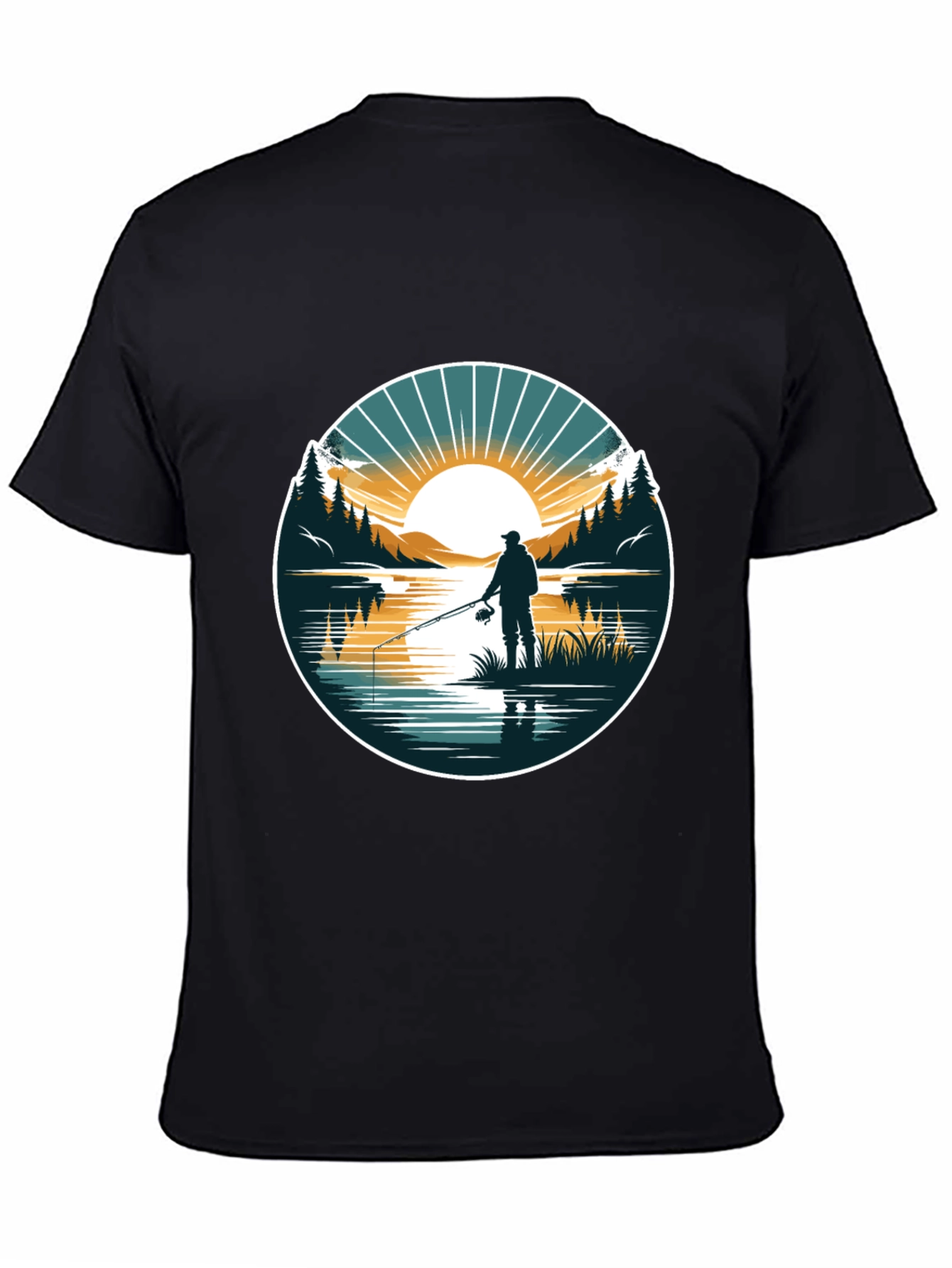 Fishing Scene Graphic Tee - Nature Lovers Black T-Shirt