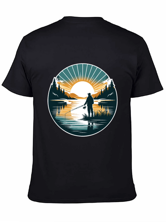 Fishing Scene Graphic Tee - Nature Lovers Black T-Shirt