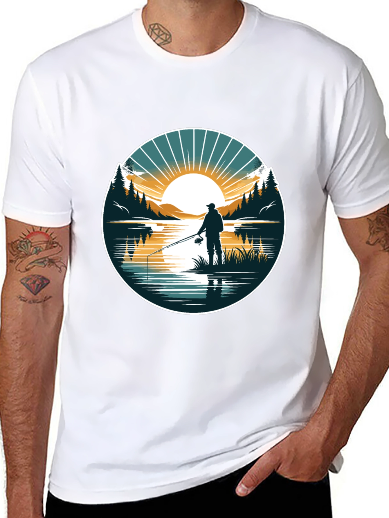 Fishing Scene Graphic Tee - Nature Lovers Black T-Shirt