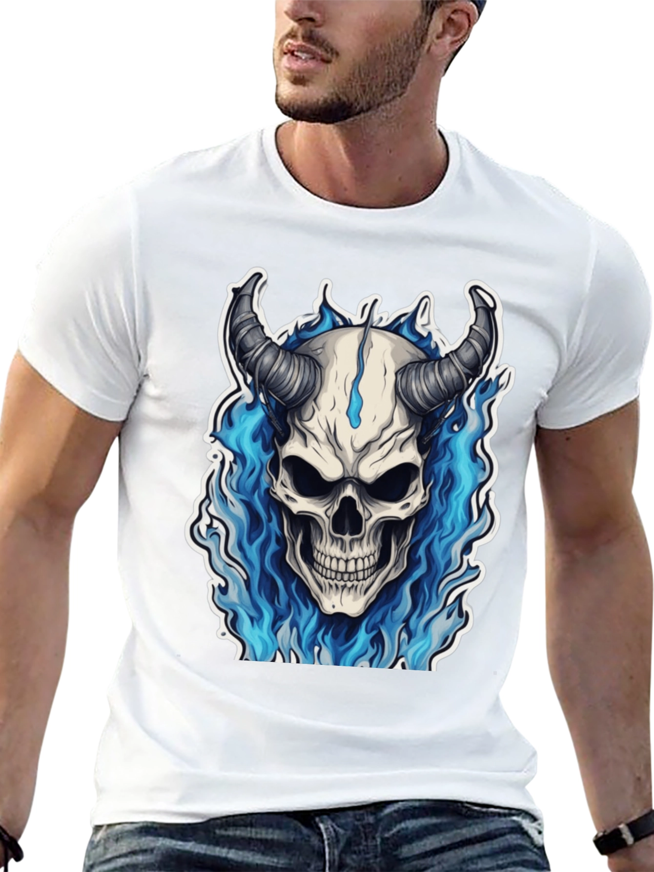 Skull Devil Horns Blue Flames Graphic Tee